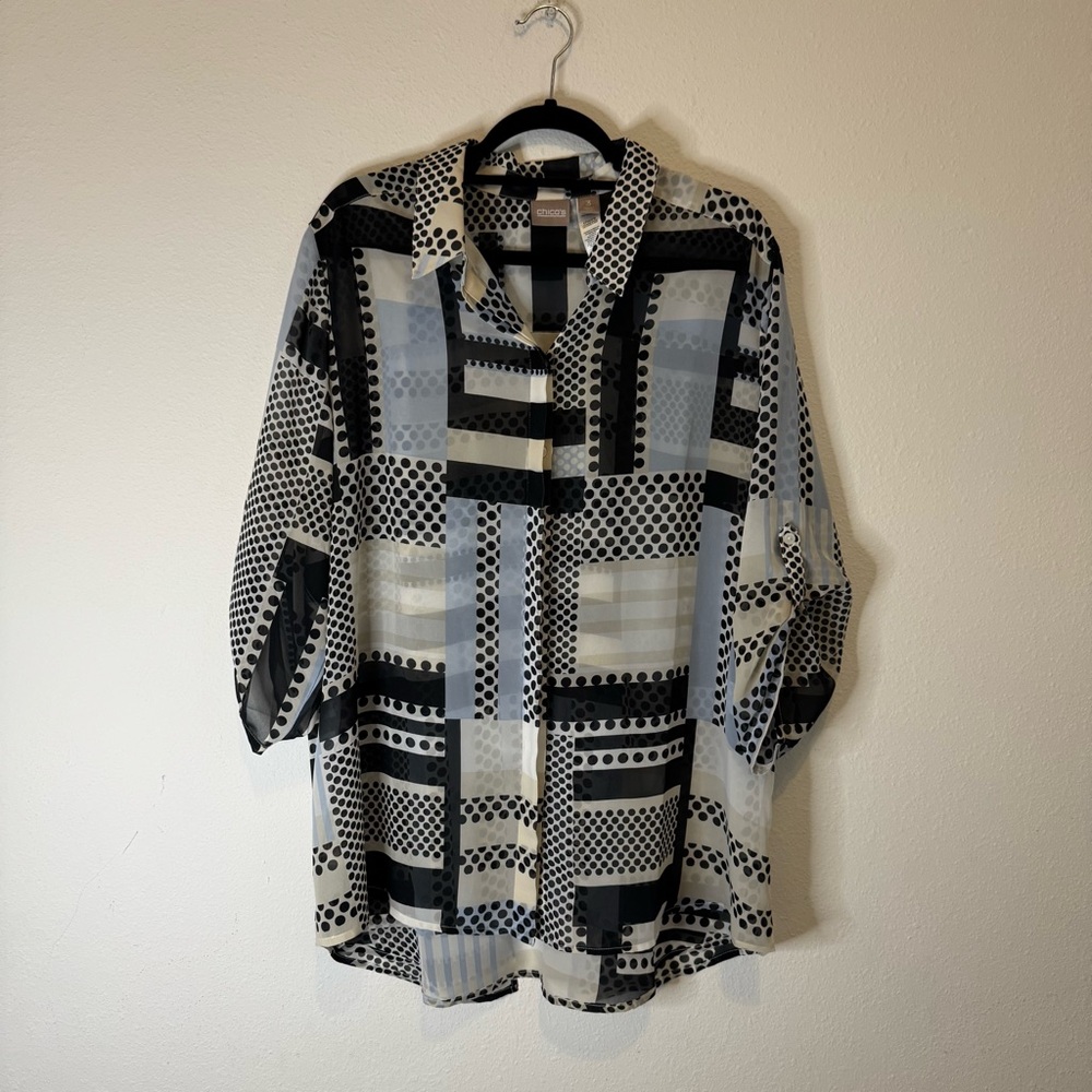 Chico's Womens Blue Black Patchwork Button Up Sheer Collared Long Sleeve XL (3)